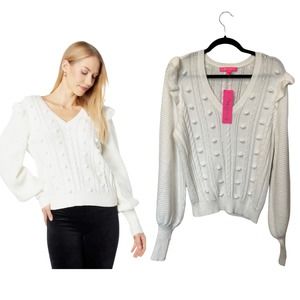 NWT Lilly Pulitzer Sweater White Long Puff Sleeve Pom Detail V-Neck Cotton Top M